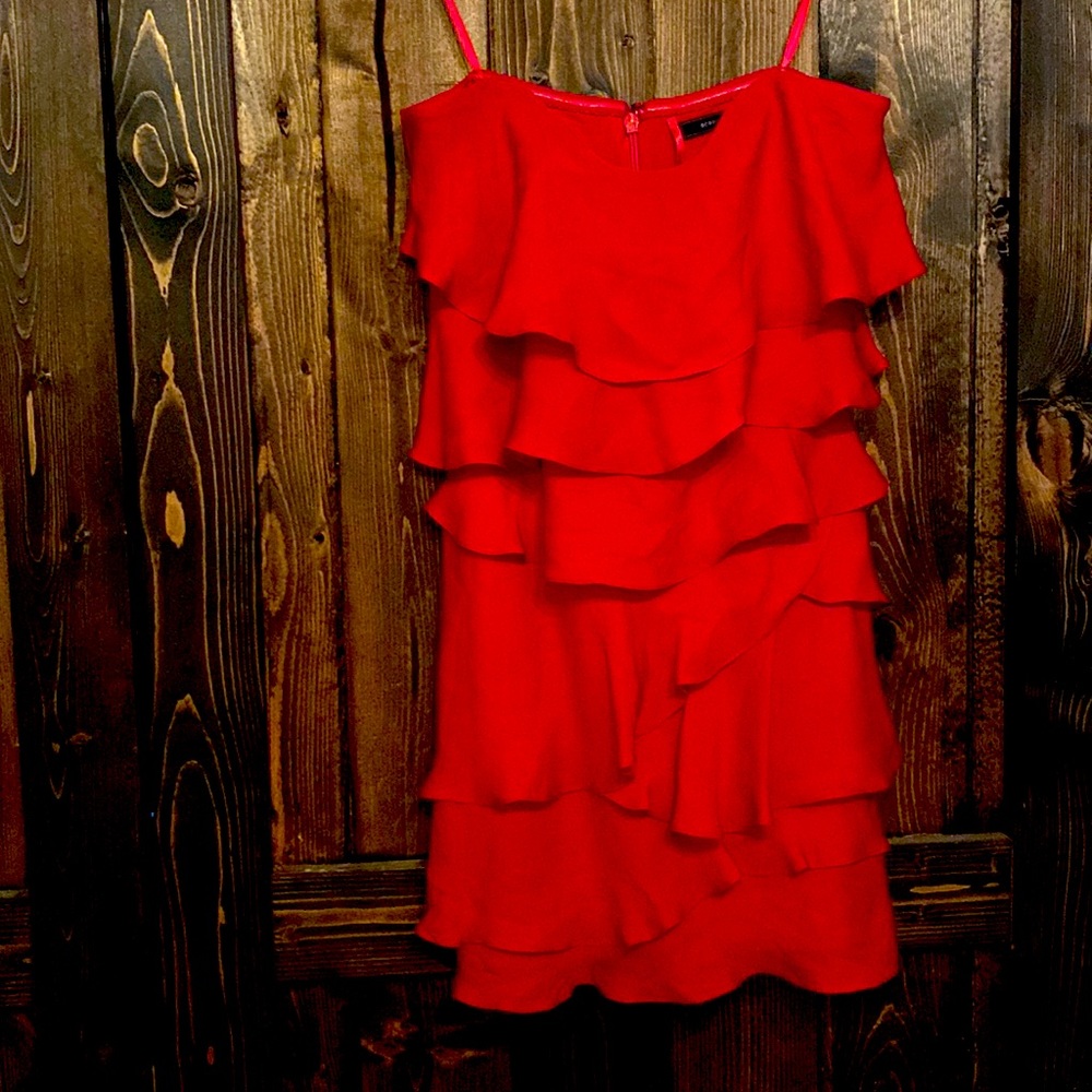 BCBG Ginger Ruffled Tiered Strapless Silk Dress